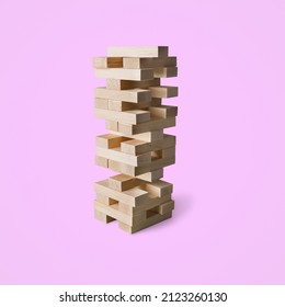 Jenga Tower Made Of Wooden Blocks Falling On Thee Background