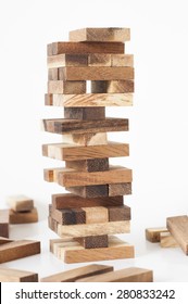 Jenga, Wood Blocks Stack Game On White Background.