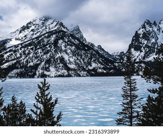 Jenny Lake and the mountains during the winter freeze