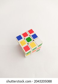 Jepara, Jawa Tengah, Indonesia - Sep 17, 2021 : Multicolor Rubic Cube On The White Background. Rubic Cube Invented By A Hungarian Architect Erno Rubik In 1974.