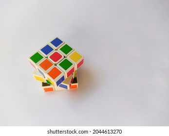 Jepara, Jawa Tengah, Indonesia - Sep 19, 2021 : Multicolor Rubic Cube On The White Background. Rubic Cube Invented By A Hungarian Architect Erno Rubik In 1974.