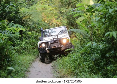 Jerantut, Pahang, Malaysia. January 17,2017. Old classic 4x4 landrover series offroading jungle forest at Jerantut, Malaysia.