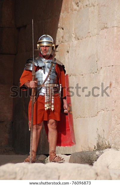 JERASH - NOVEMBER 25: Jordanian man dresses as\
Roman soldier during a roman army reenactment show on November 25,\
2009 in Jerash, Jordan