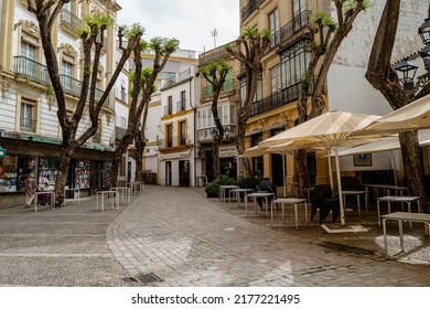 Jerez, Andalusia, Spain--May 21, 2022. A Wide Angle Photo Looking Down A Curved Side Street In Jerez, Spain.