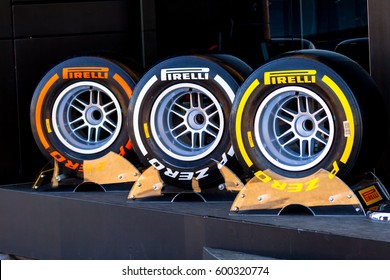 JEREZ DE LA FRONTERA, SPAIN - FEB 05: Exposition of the several sets of pneumatic tires Pirelli for the championship of Formula 1 of 2013 on February 05 , 2013, in Jerez de la Frontera , Spain