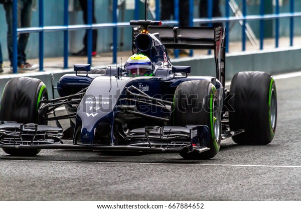 JEREZ DE LA FRONTERA,\
SPAIN - JAN 31: Felipe Massa of Williams Martini Racing F1 leaving\
the pit on training session on January 31 , 2014, in Jerez de la\
Frontera , Spain