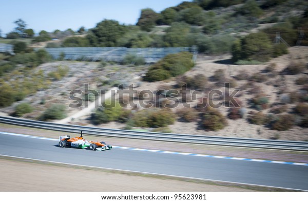 JEREZ, SPAIN - FEBRUARY 2012 - Paul Di Resta test\
driving his new Force India in the first F1 test, Wednesday 8th\
February 2012.Jerez,\
Spain