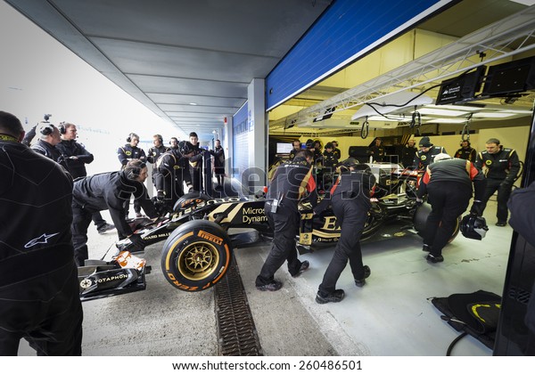 JEREZ, SPAIN - FEBRUARY 2ND:\
Pastor Maldanado testing his new E23 Lotus F1 car on the first Test\
at the Jerez Circuit in Jerez, Andalucia, Spain on Feb. 2,\
2015.