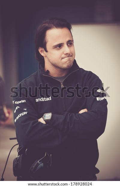 JEREZ, SPAIN - JANUARY 31: Felipe\
Massa testing his new Williams FW36 F1 car on the first Test at the\
Jerez Circuit in Jerez, Andalucia, Spain on Jan. 31,\
2014.