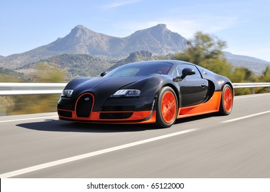 JEREZ, SPAIN - SEPTEMBER 19: The Bugatti Veyron Super Sport the World's Fastest Production Car on show and driven on September 19, 2010, on the mountain roads around Jerez, Spain, organized by Bugatti.