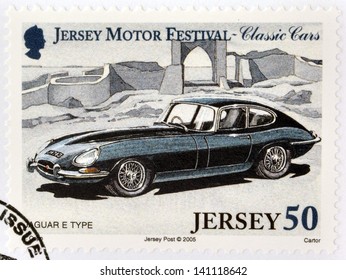 JERSEY - CIRCA 2005: Stamp printed in Jersey dedicated to classic cars, shows Jaguar E Type, circa 2005