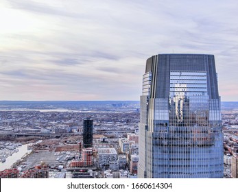 Jersey City With Goldman Sachs Building In Sunset, Aerial Photography