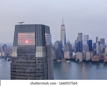 Jersey City Goldman Sachs With New York Skyline In Sunset, Aerial Photography