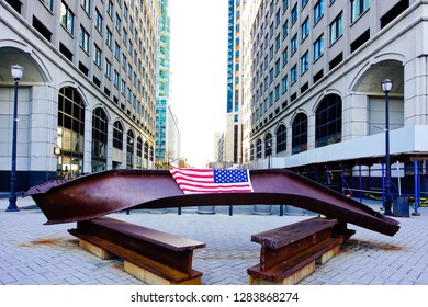 Jersey City, New Jersey/united States - 12/29/2018: 911 Memorial Of Steel Piece From Old World Trade Center At Jersey City Harbor