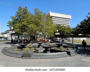 Jersey City, NJ - September 1 2013: The 9/11 Memorial Fountain In Journal Square