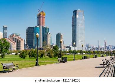 JERSEY CITY, NJ - SEPTEMBER 29, 2018:  Skyline Of Jersey City, New Jersey Along Path In Liberty State Park