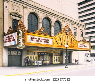 Jersey City, NJ / United States - June 27, 2018: The Stanley Theater At Kennedy Boulevard And Pavonia Avenue Is Near Journal Square In Jersey City,