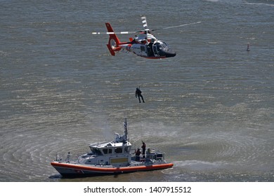 Jersey City, NJ / USA - May 26, 2019: Coast Guard Training On The Hudson River