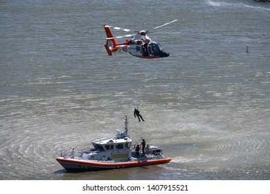 Jersey City, NJ / USA - May 26, 2019: Coast Guard Training On The Hudson River