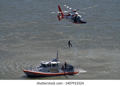 Jersey City, NJ / USA - May 26, 2019: Coast Guard Training On The Hudson River