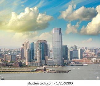 Jersey City Skyline With Hudson River, Aerial View.