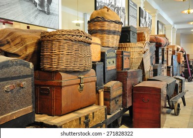 JERSEY CITY, USA - JULY 4, 2012: Suit cases of immigrants migrating to the United States at Ellis Island Immigration Museum.