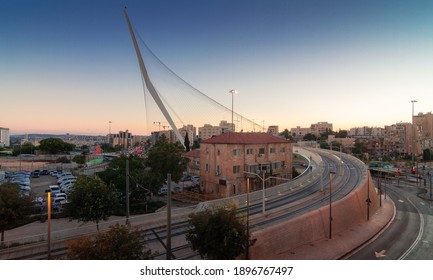 Jerusalem Chords Bridge. Modern Bridge For Tram Rails And Pedestrians