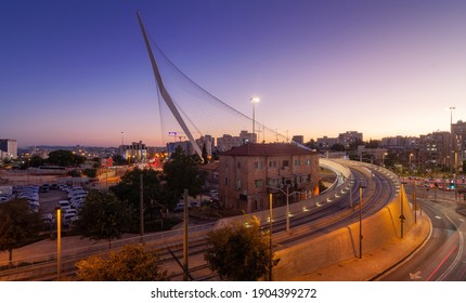 Jerusalem Chords Bridge, night view. Modern bridge for tram rails and pedestrians.