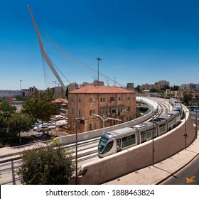 Jerusalem Chords Bridge And Tram. Modern View Of Antique City