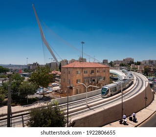 Jerusalem Chords Bridge And Tram. Modern View Of Antique City