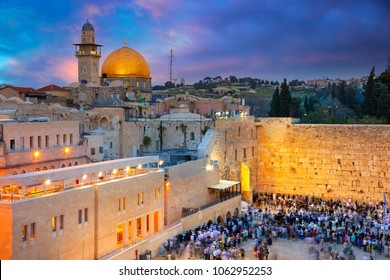 Jerusalem. Cityscape image of Jerusalem, Israel with Dome of the Rock and Western Wall at sunset.