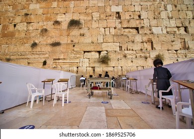 jerusalem, israel. 04-12-2020. Prayers of Jews at the Western Wall in Divided Complexes, to Observe Ministry of Health Guidelines for Preventing Corona Virus Infection