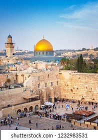 JERUSALEM, ISRAEL - 18 OCTOBER, 2018: The Temple Mount - Western Wall and the golden Dome of the Rock mosque in the old town of Jerusalem, Israel