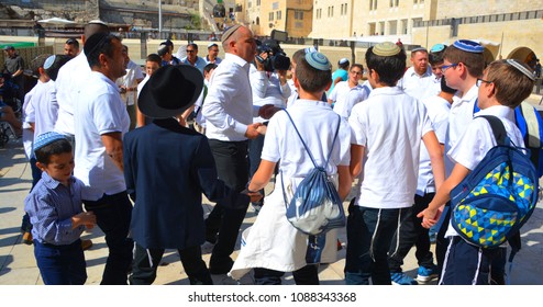 JERUSALEM ISRAEL 26 10 16: Portrait Of Young Jew Man During A Bar Mitzvah Are Jewish Coming Of Age Rituals.  When Jewish Boys Become 13 Years Old A Girl Becomes A Bat Mitzvah At The Age Of 12