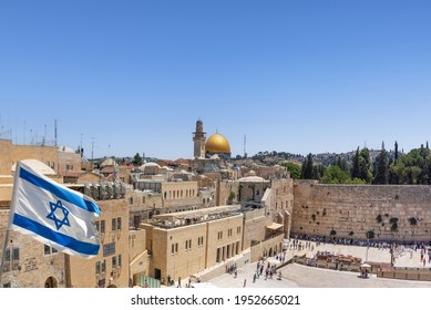 Jerusalem, Israel; April 8, 2021 - An elevated view of the old city of Jerusalem, Israel showing the wailing wall and Dome of the rock