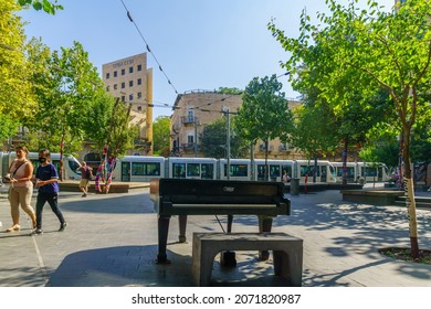 Jerusalem, Israel - August 31, 2021: Scene Of The Zion Square, With Tram Train And Visitors, In The Center Of Jerusalem, Israel