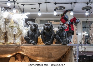 Jerusalem, Israel, December 28, 2018 : Figures Of Three Monkeys - I Do Not See Anything, I Do Not Hear Anything, I Do Not Say Anything Are For Sale At The Christmas Market In Bethlehem In Palestine