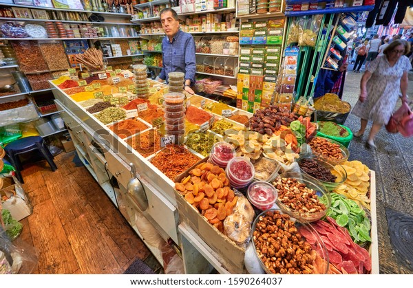 Jerusalem Israel. Dried fruit shop\
in the souq of the old city. Jerusalem Israel September\
2019