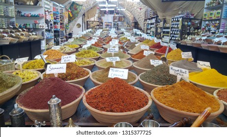 JERUSALEM, ISRAEL. February 15, 2019. Oriental spices shop in the Old city Jerusalem.
