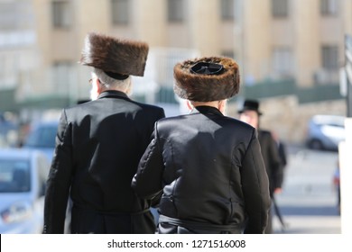 JERUSALEM, ISRAEL - JUN 7, 2017: Belzer Hasidic Jewish men and children participate in the grand wedding of the Belzer Rebbe's granddaughter in Jerusalem, Israel
