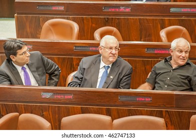 JERUSALEM, ISRAEL. June 10, 2014. Members Of Knesset (from Left To Right): Danny Danon, Reuven Rivlin, Haim Katz During The Elections Of The President Of Israel, Rivlin To Win.