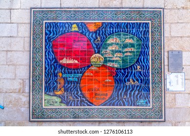 Jerusalem, Israel - June 16, 2018: Reproduction Of An Ancient Map Of Jerusalem On Tiles, Found On A Wall Of Jerusalem Municipality Building, Israel