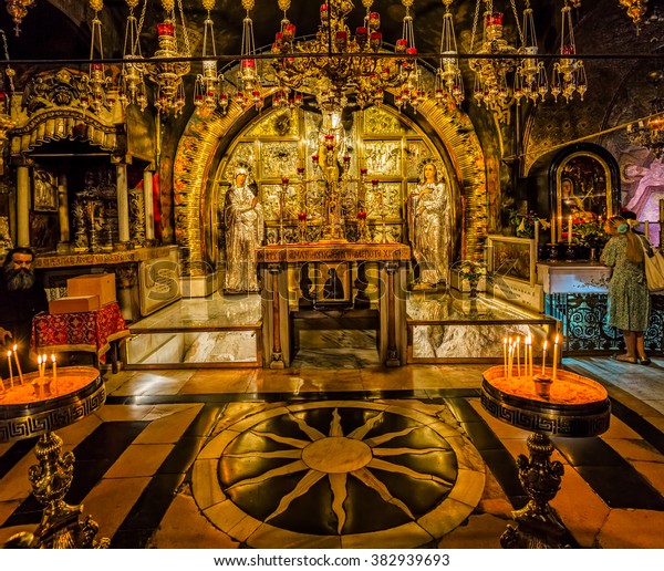 JERUSALEM, ISRAEL - JUNE 19, 2015: Altar erected over the place of the crucifixion of Jesus Christ in Church of the Holy Sepulchre.