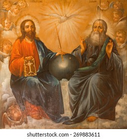 JERUSALEM, ISRAEL - MARCH 3, 2015: The Holy Trinity painting from Church of the Holy Sepulchre by unknown artist of 19. cent.