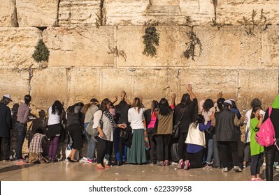 JERUSALEM, ISRAEL - MAY 15 2014: The Western Wall, Kotel or The Wailing Wall. The place where Divinity never departs. Female part.