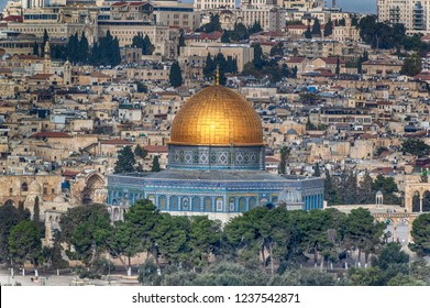 JERUSALEM, ISRAEL, October 04 2018: Panoramically view over Jerusalem, with Al-Aqsa Mosque in central position in Jerusalem, Israel. 