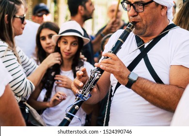 Jerusalem Israel October 06, 2019 View of unknown Israeli people playing music for a religious ceremony at the entry of the Western wall in the Old city of Jerusalem in the afternoon - Shutterstock ID 1524390746