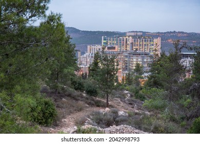Jerusalem, Israel - October 10th, 2018: Hadassah Hospital, Located On The Outskirts Of Jerusalem, Israel, Surrounded By Pine Forests, On A Clear Evening.