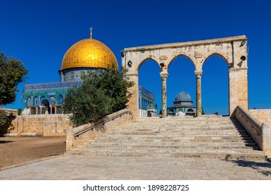 Jerusalem, Israel - October 12, 2017: Temple Mount with arches and stairway leading to Dome of the Rock Islamic monument shrine in Jerusalem Old City 