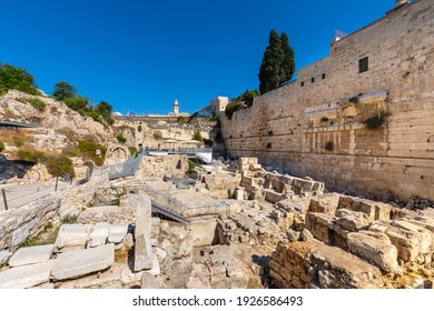 Jerusalem, Israel - October 12, 2017: Western side of Temple Mount walls with Robinson's Arch and Western Wall excavation in Jerusalem Old City 